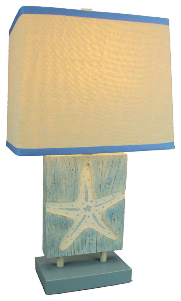 Blue and White Starfish Table Lamp With Linen Look Shade