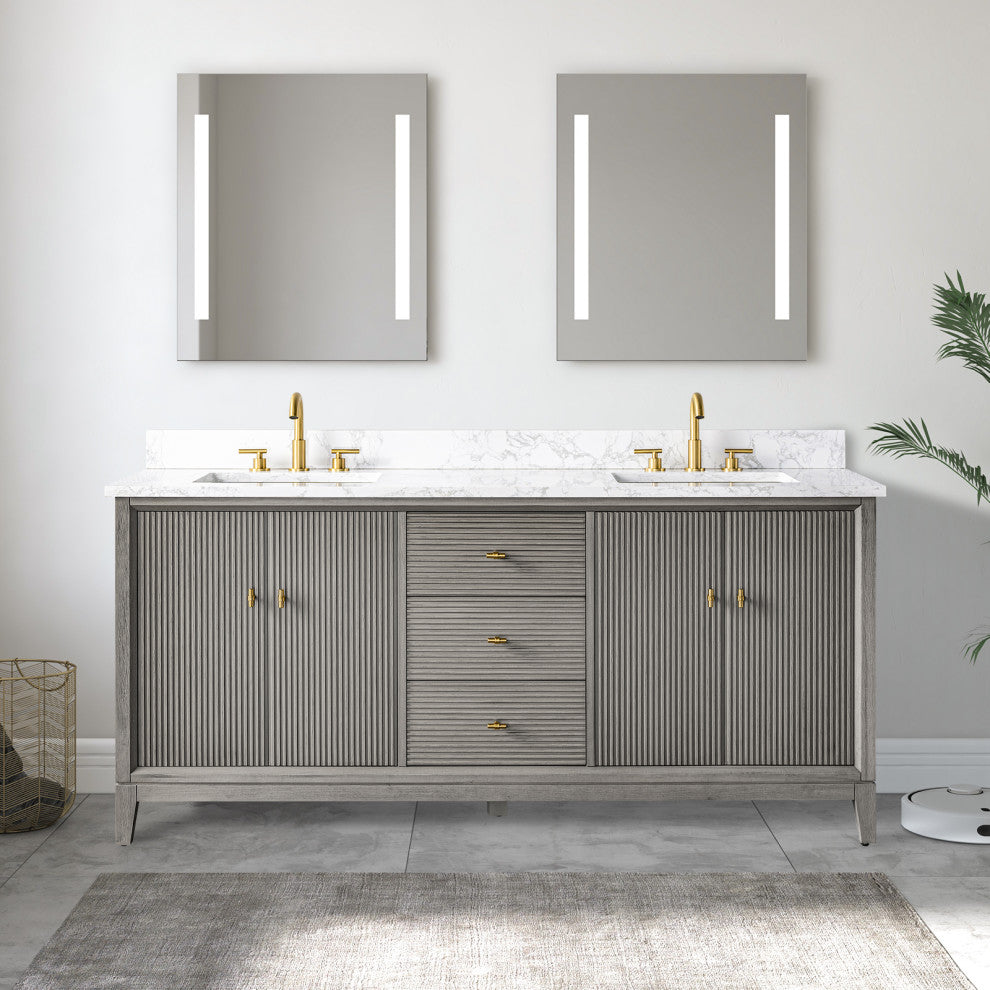 Vanity Art Bathroom Vanity with Engineered Marble Top and Sink, Driftwood Gray, 72" (Double Sink), Golden Brushed