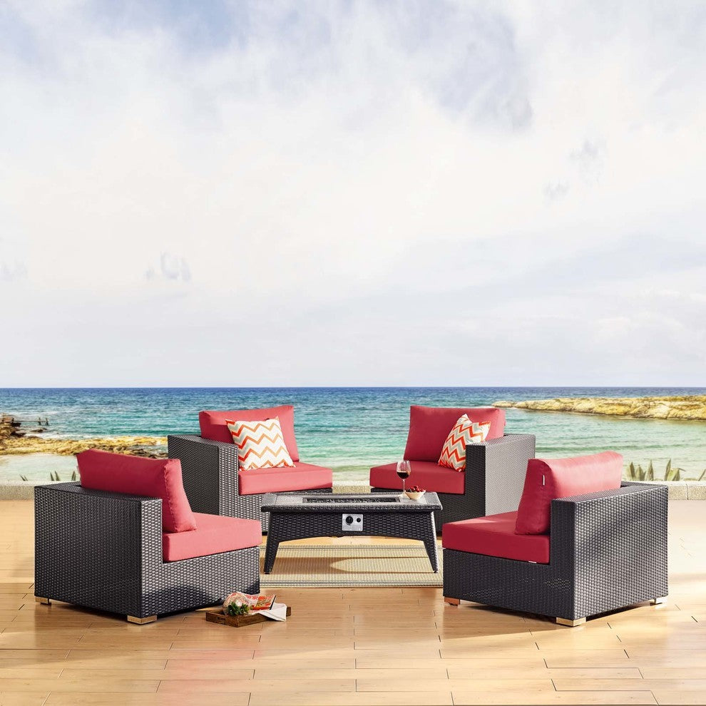 Espresso Red Convene 5 Piece Set Outdoor Patio with Fire Pit