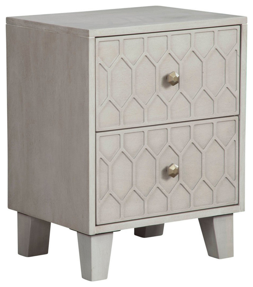 Benzara BM284279 Rue 26" 2 Drawer Nightstand Honeycomb Design, Light Gray