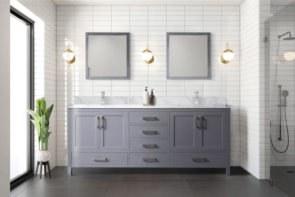 80" Dark Gray Double Vanity, White Carrara Marble Top, White Sinks, No Mirror