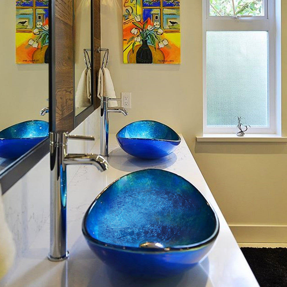 Azzurro Blue Foiled Oval Tempered Glass Vessel Bathroom Sink, TIG-S132-8031