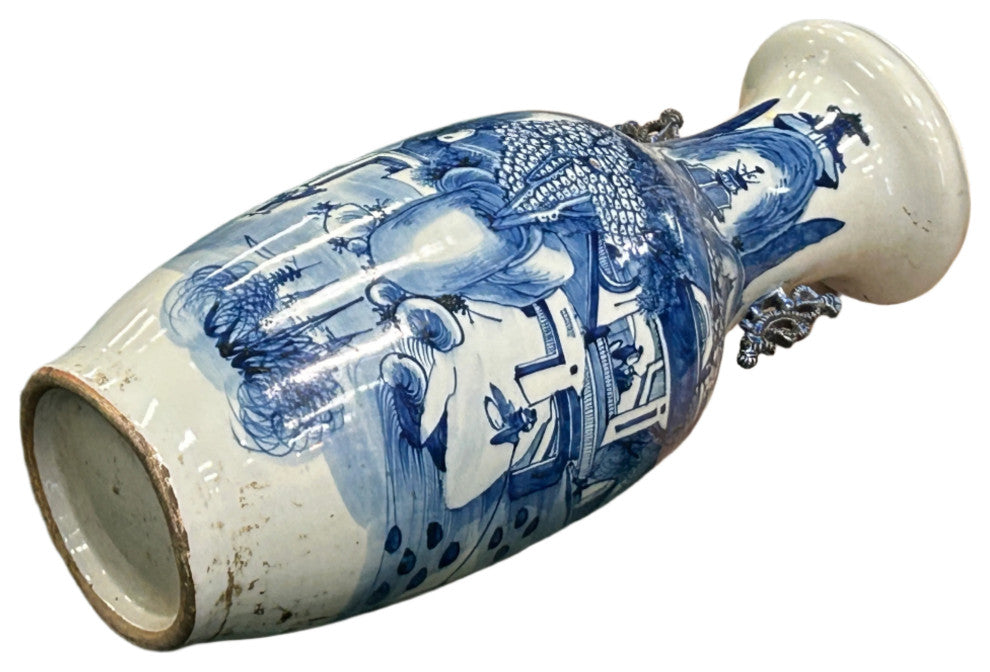 23.5" Vintage Blue White Scenery Porcelain Ru Yi Ear Art Vase Hws4361