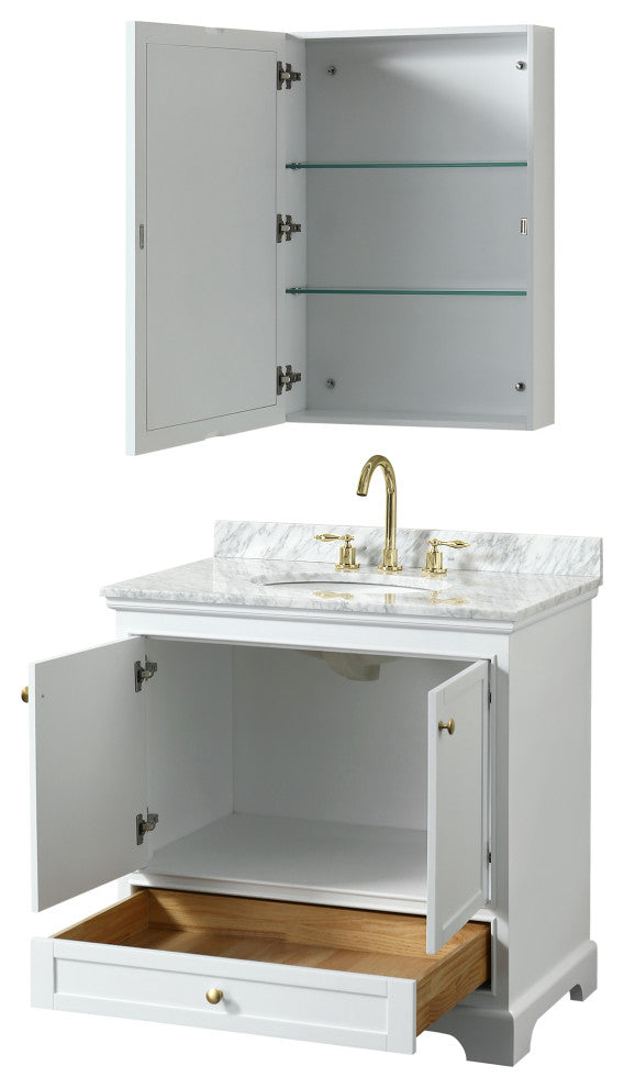 36" Single Bath Vanity White, Carrara Countertop, Sink, Gold Trim, Med. Cabinet