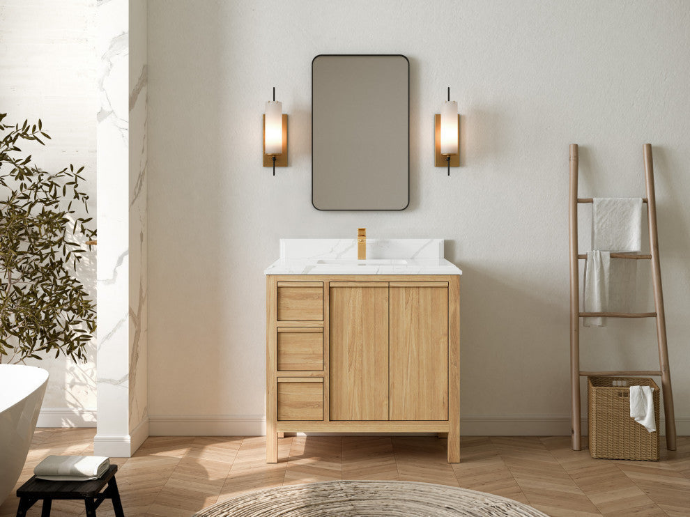 Elizabeth 36 Center Sink Bath Vanity in Light Natural Teak 1.5" Calacatta Laza