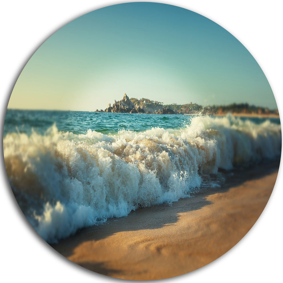 Stormy Waves Hitting Beach Sand, Modern Beach Disc Metal Wall Art, 23"