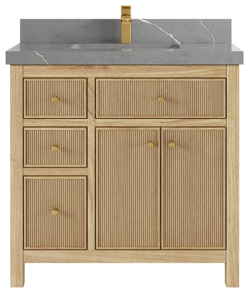 Sonoma Teak 36 Center Sink Vanity in Light  Natural with 2" Piatra Gray Quartz