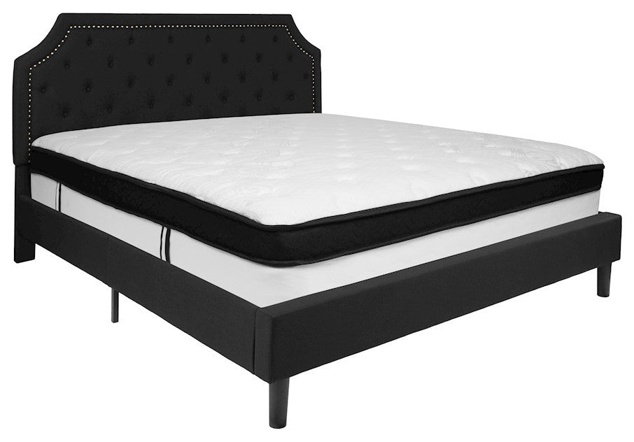 King Size Tufted Platform Bed in Black Fabric with Memory Foam Mattress