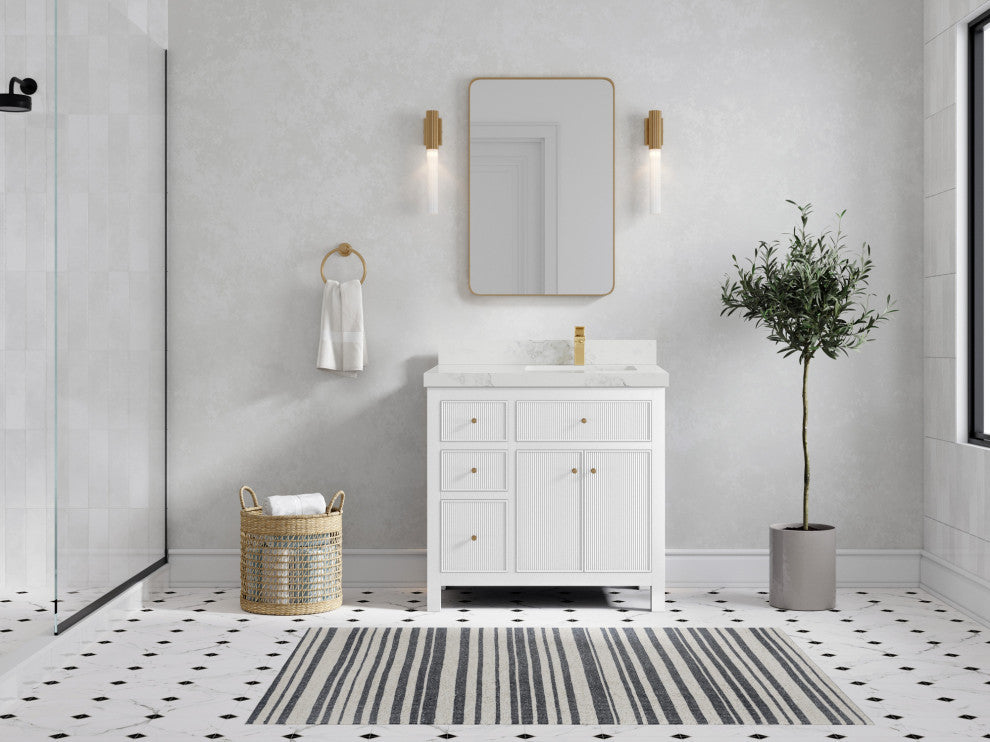 Sonoma 36 Right Offset Reeded  Bath Vanity in White 2" Calacatta Nuvo