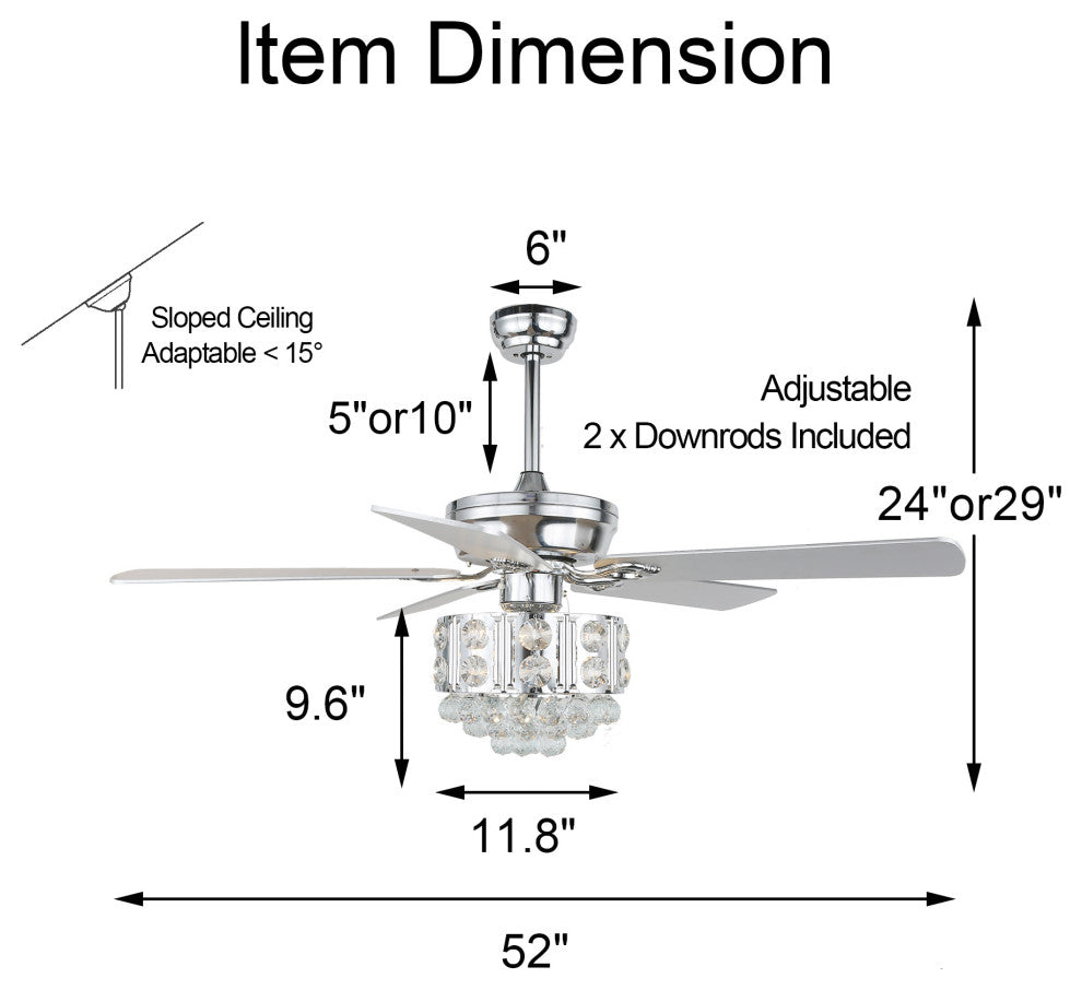 Crystal Ceiling Fan with Remote 5 Blades 52Inch, Chrome