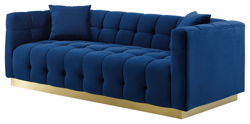 Modern Designer Lounge Lobby Sofa, Velvet Fabric Metal Steel, Navy Blue