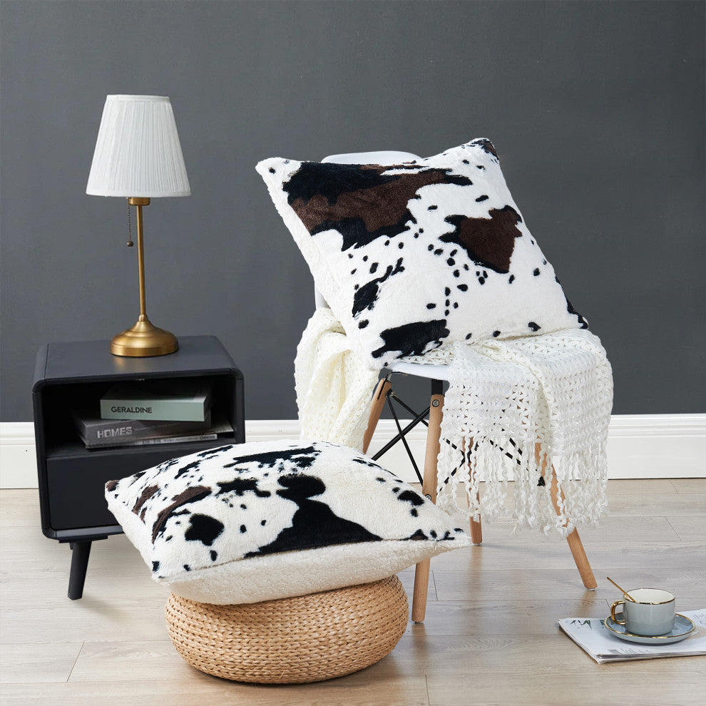 Cow Printed Faux Fur Pillow Shell 2 Piece Set, Black / White
