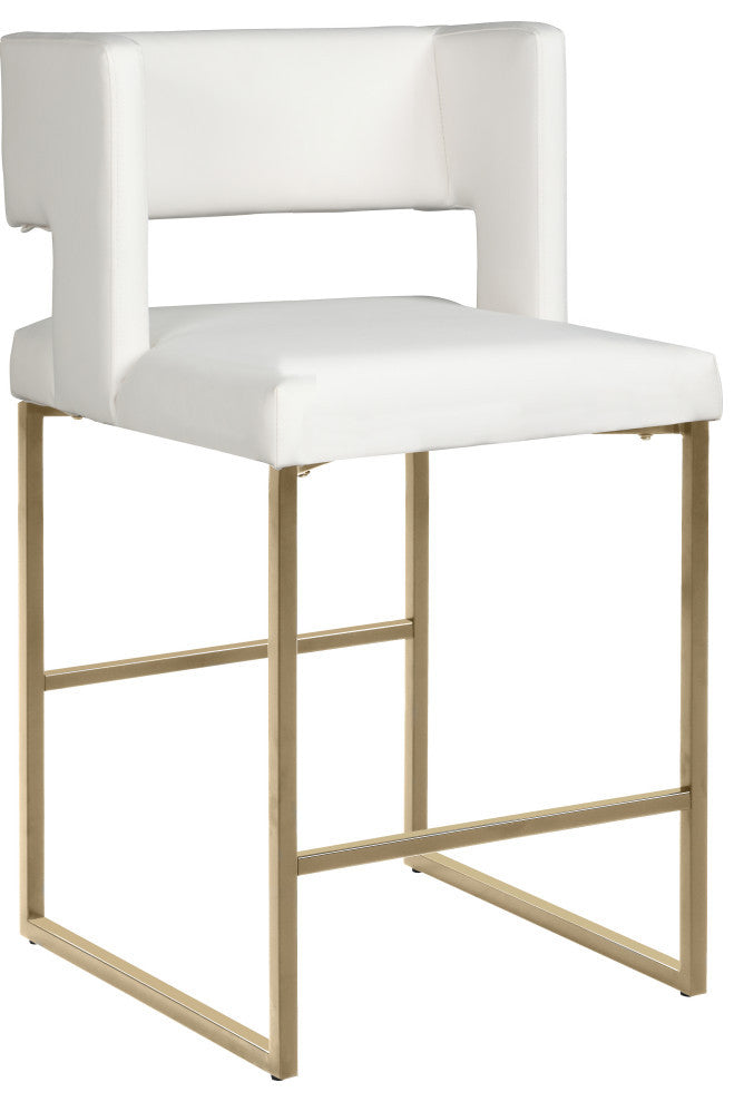 Caleb Upholstered Counter Stool, Set of 2, White, Vegan Leather, Brushed Gold