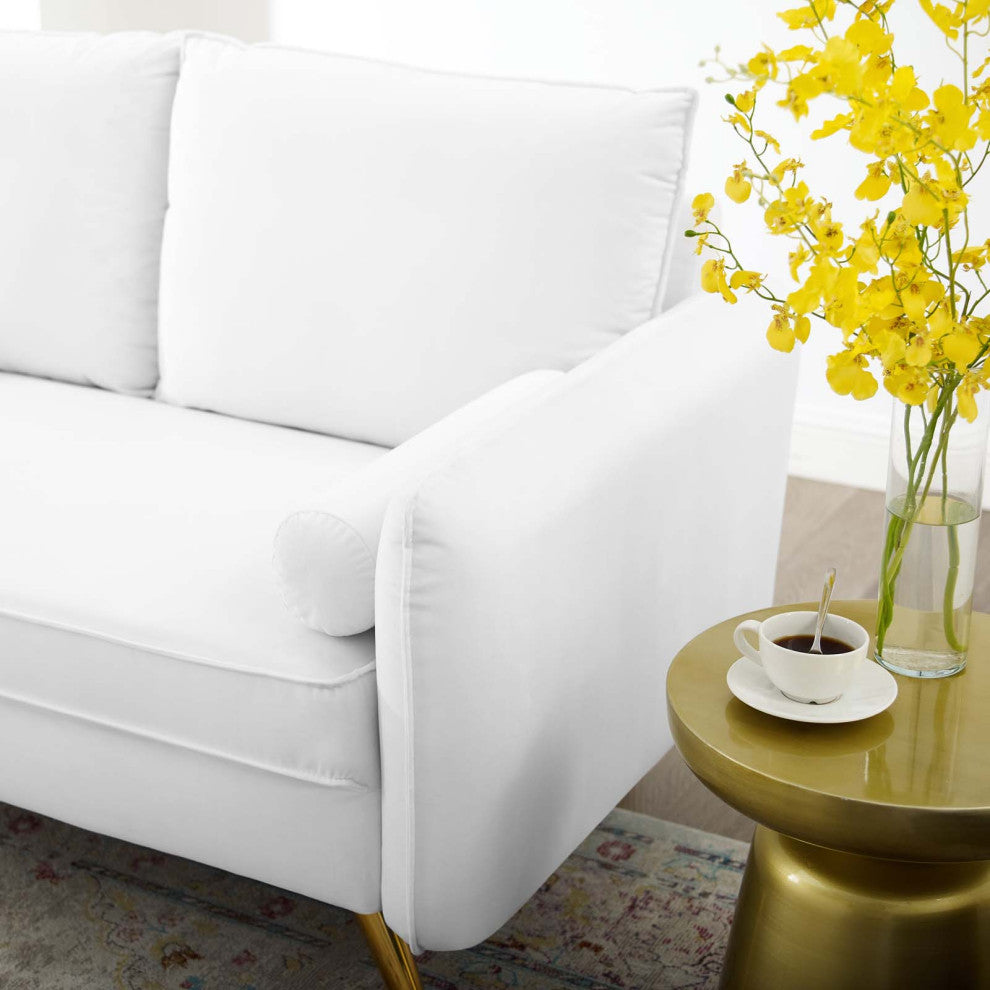Loveseat Sofa, Velvet, White, Modern, Living Lounge Room Hotel Lobby Hospitality