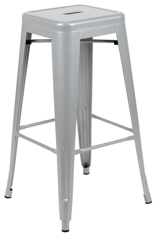 30" Metal Indoor Bar Stool, Stackable Set of 4, Silver
