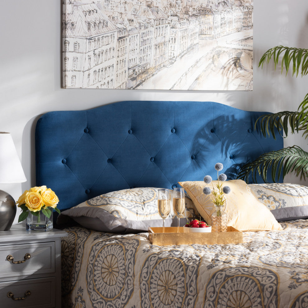 Gregory Navy Blue Velvet Fabric Upholstered King Size Headboard