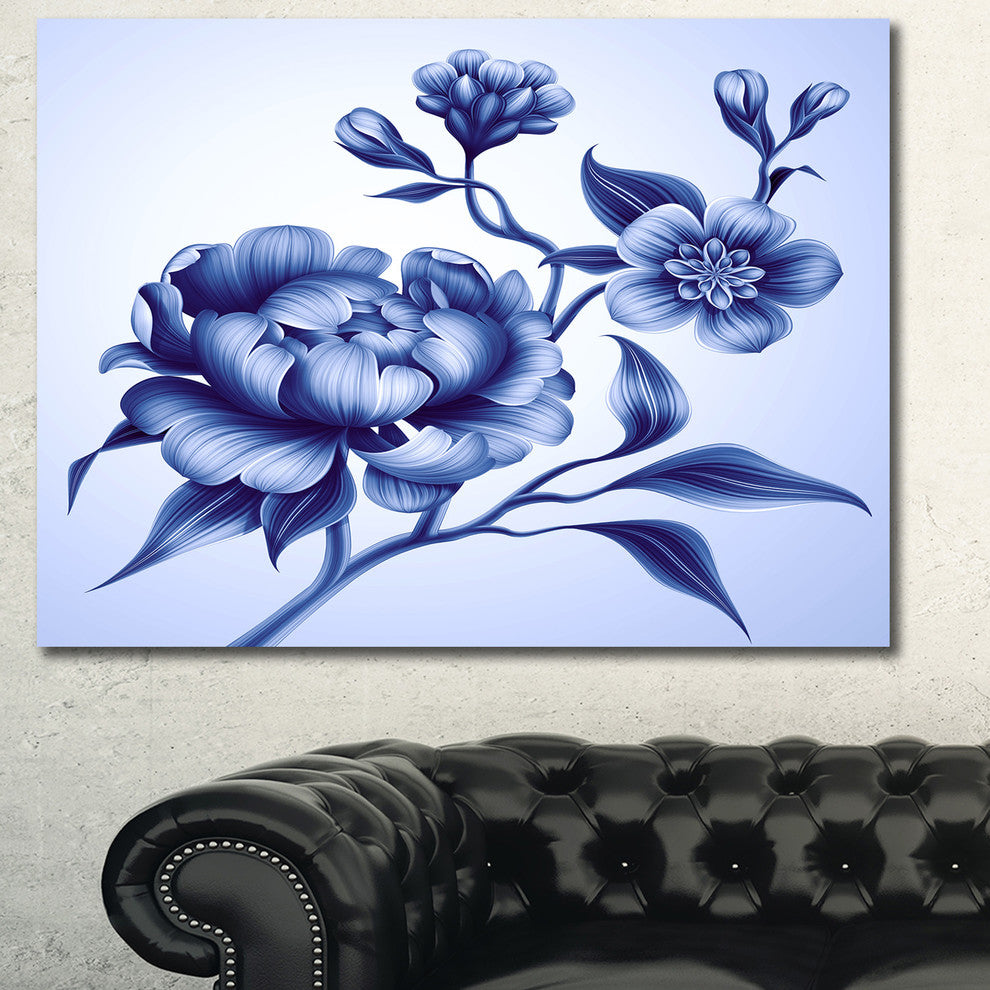 Blue Peony Rose and Sakura Flowers, Floral Canvas Art Print, 40"x30"