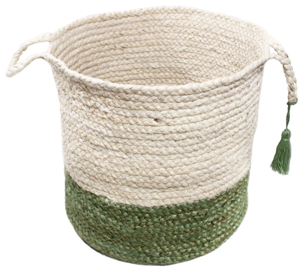 Two-Tone Off-White Jute Decorative Basket With Handles, Moss Green, 19"