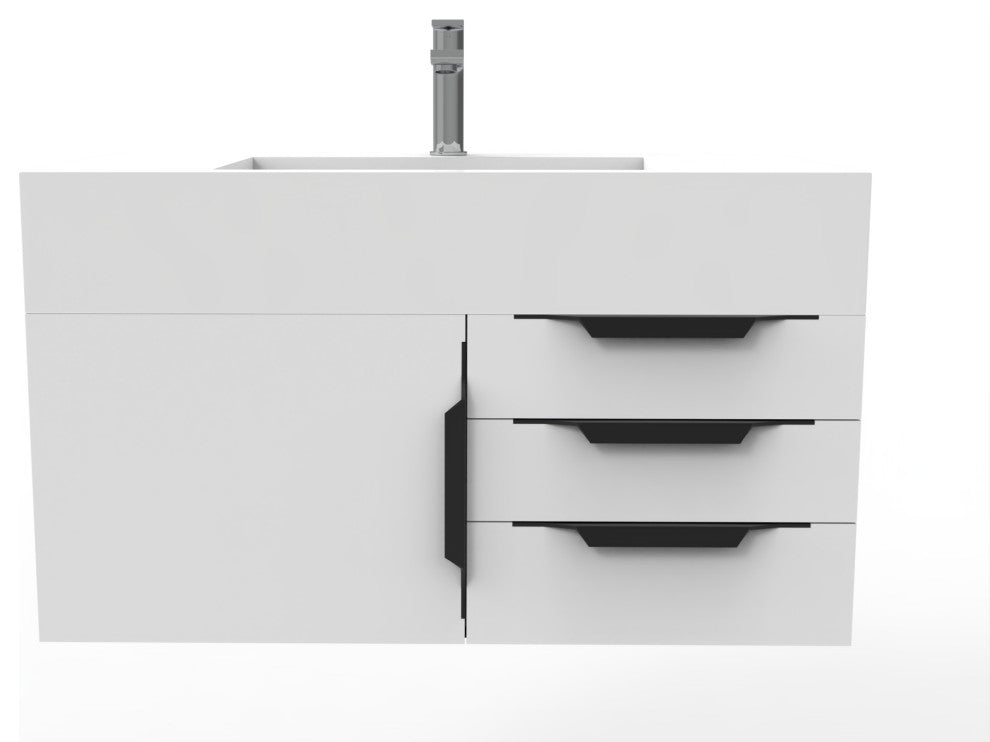 CastelloUSA Nile 36" Wall Mounted Vanity Set, White, White Top, Black Handles