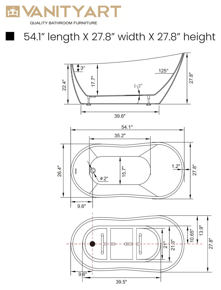 54" Freestanding Acrylic Soaking Bathtub, Pure White