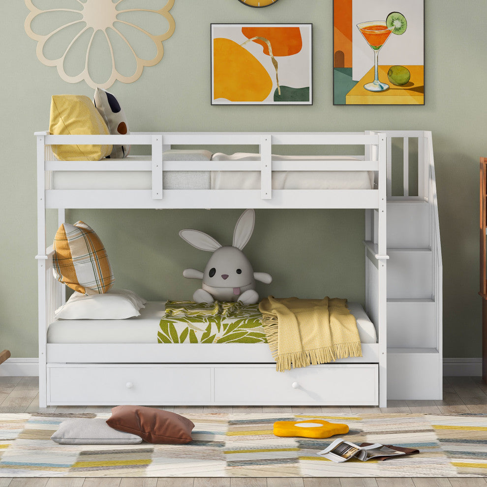 Gewnee Pine Wood Full Over Full Bunk Bed with Trundle and Stairway in White