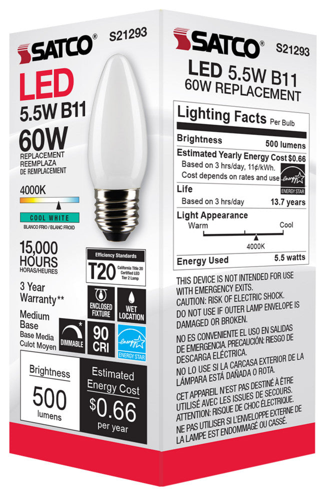 5.5W B11 LED, Frost, Medium Base, 90 CRI, 4000K, 120V
