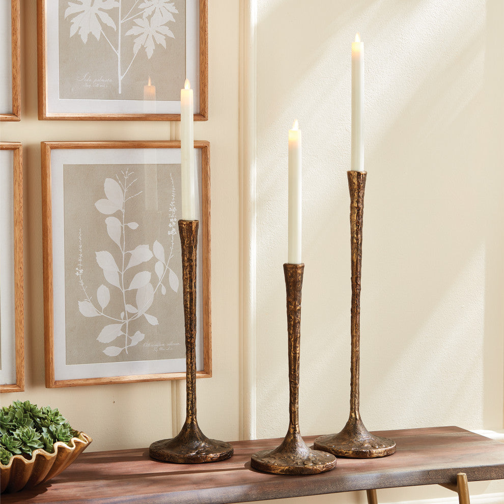Tall Cast Metal Set Three Gold Candlesticks Taper Candle Holder Elegant Slim