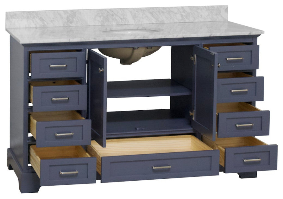 Harper 60" Bathroom Vanity, Marine Gray, Carrara Marble, Single