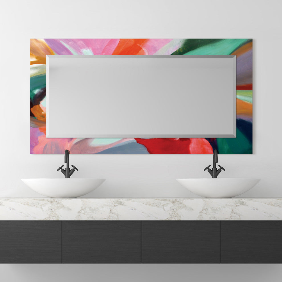 "Chaos" Beveled Mirror on Printed Abstarct Tempered Art Glass, 54x28"