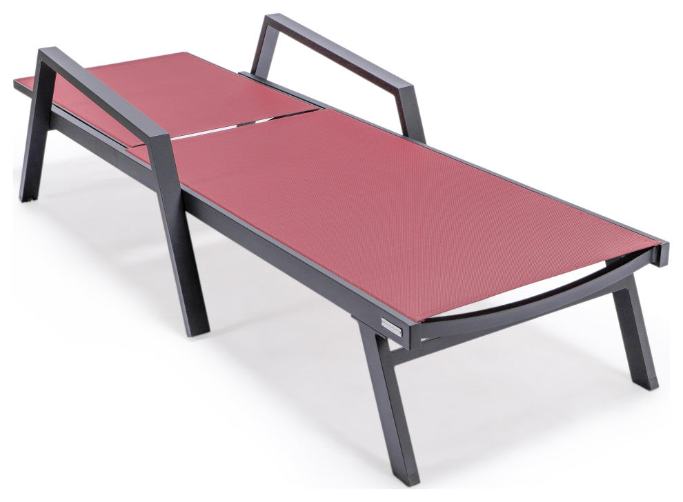 LeisureMod Marlin Chaise Lounge Chair With Arms and Fire Pit Table, Burgundy