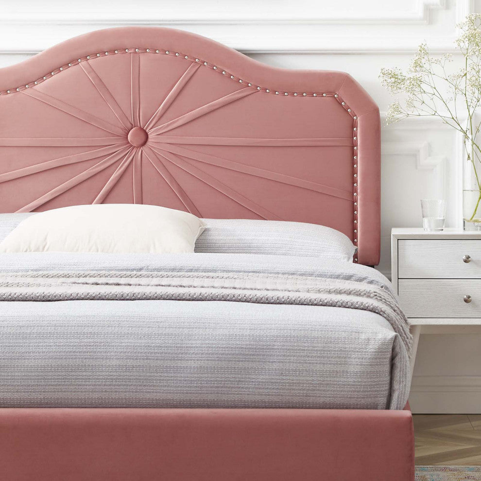 Platform Bed Frame, Full Size, Velvet, Pink, Modern Contemporary, Bedroom Master