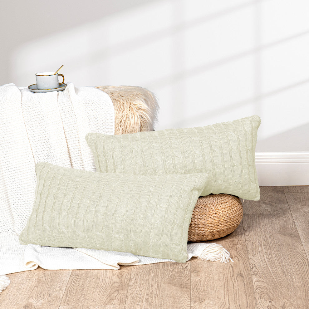 Cable Knit 2 Piece Lumbar Pillow Shell Set, Antique White, 2 Piece, 14"x26"