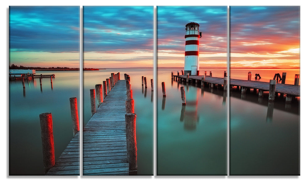 Lighthouse at Lake in Neusiedl am See, Landscape Canvas Art, 48"x28", 4 Panels