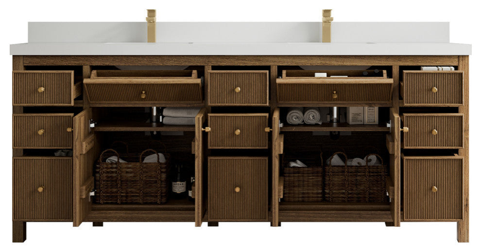Sonoma Teak 84 Double Sink Bath Vanity in Dark Natural with 2" White Quartz