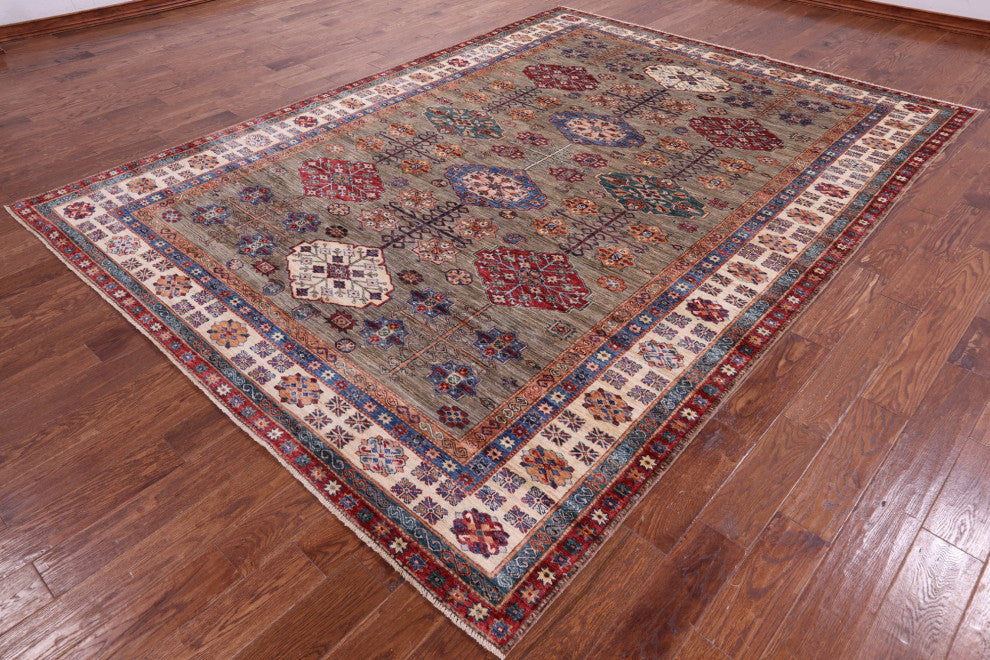 8' 2" X 11' 1" Handmade Geometric Super Kazak Wool Rug Q9865