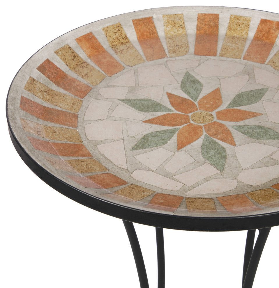 25"H Outdoor Decorative Mosaic Birdbath with Metal Stand, Tan/Beige
