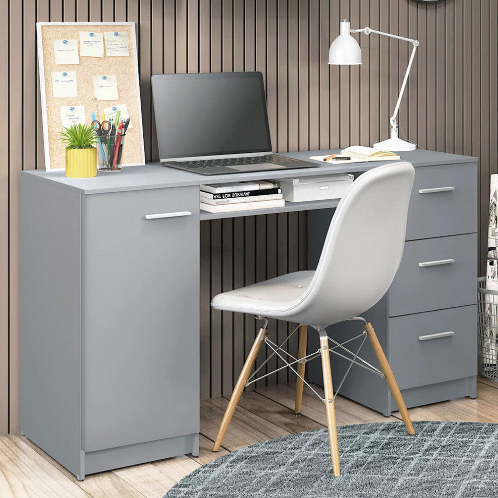 Modern Desk, Rectangular Table Top With Storage Drawers & Metal Handles, Gray