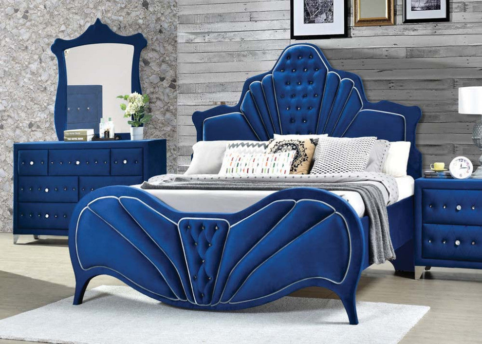 Manchester York Style Headboard Platform Bed, Blue Velvet, King