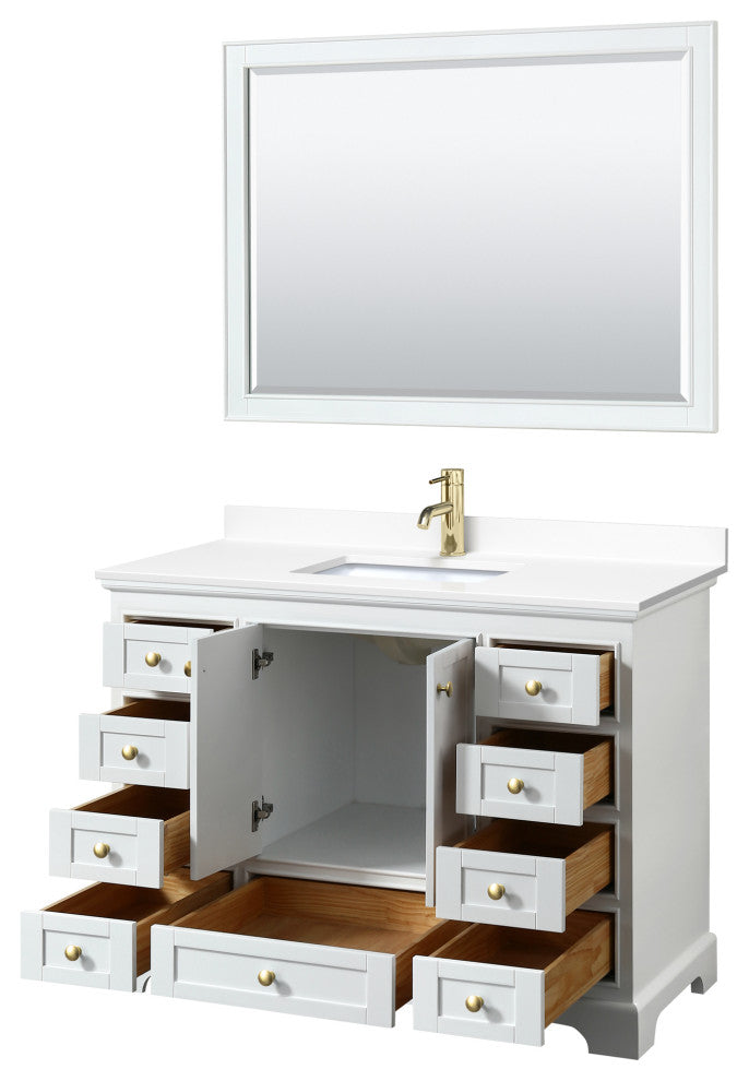 48" Single Vanity White, White Cult. Marble Counter, Sink, Gold Trim, 46" Mirror