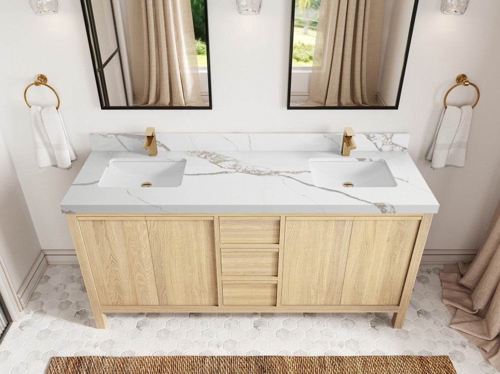 Elizabeth Oak 72" Double Sink Vanity, White 2" Calacatta Gold