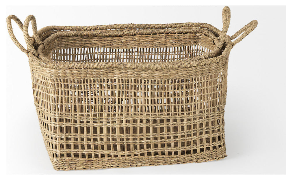 Bellisa Medium Brown Seagrass Rectangular Basket With Handles, 2-Piece Set