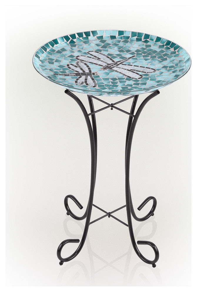 24" Tall Outdoor Mosaic Dragonfly Glass Birdbath Bowl with Metal Stand