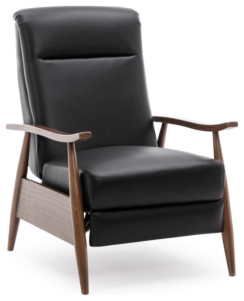 Fairview Leather Wood Arm Push Back Recliner, Black