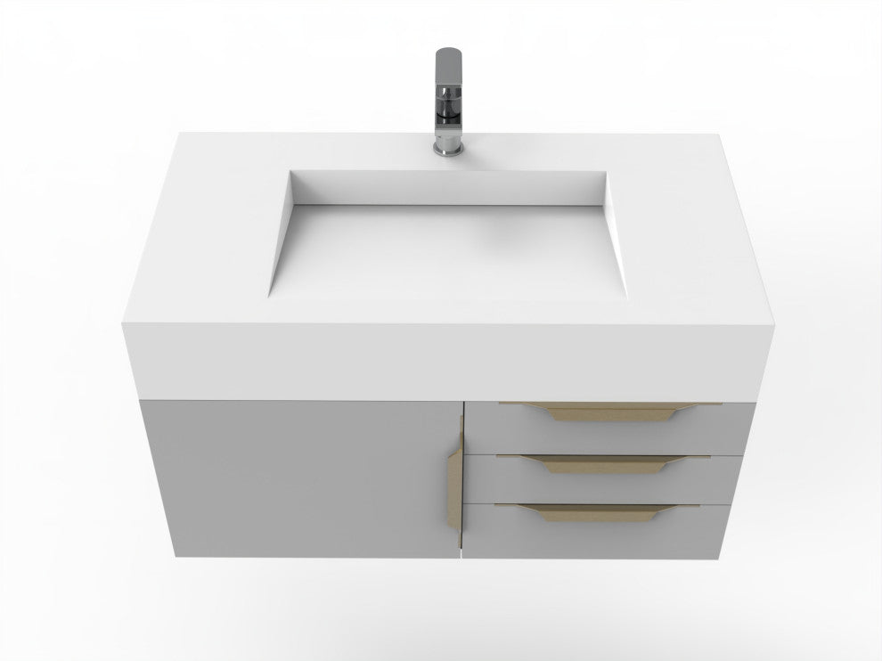 CastelloUSA Nile 36" Wall Mounted Vanity Set, Gray, White Top, Gold Handles
