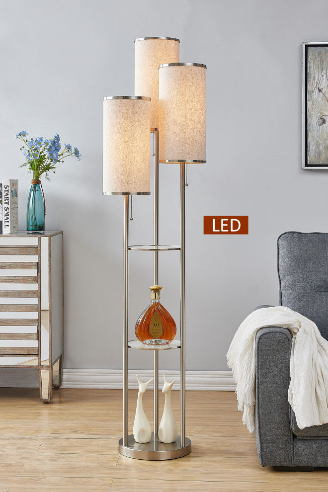 Artiva USA Eleanor 66" H LED Tri-Light Shelf Floor Lamp, Satin Nickel