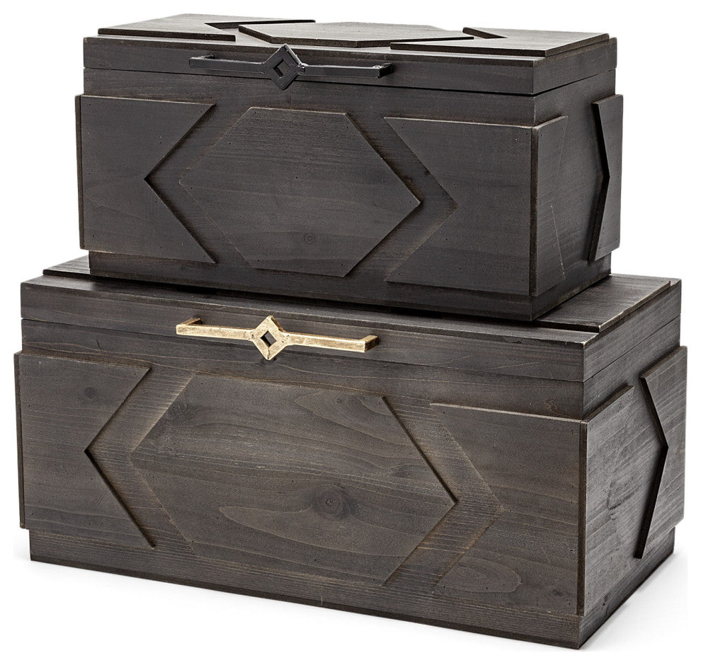 Set of Two Brown Detailed Wooden Boxes