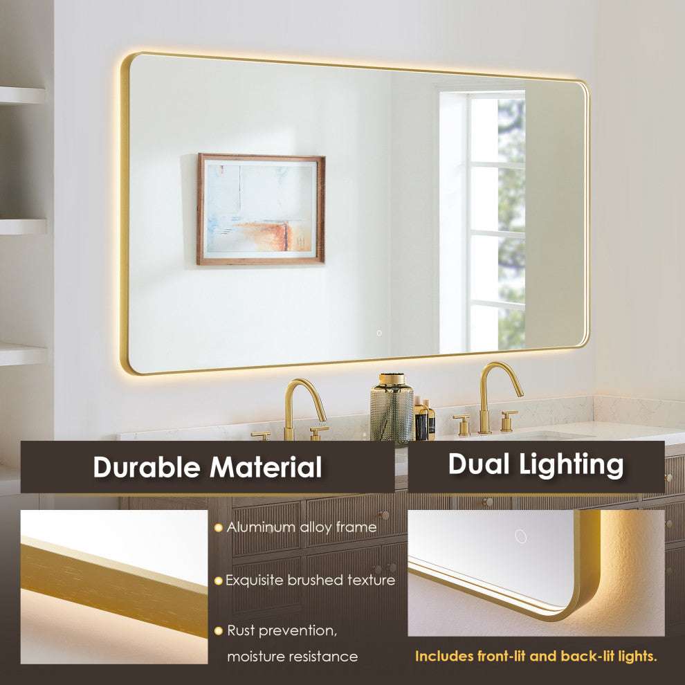 Dazzle Rectangular Bathroom/Vanity LED Lighted Wall Mirror, Brushed Gold, 84"