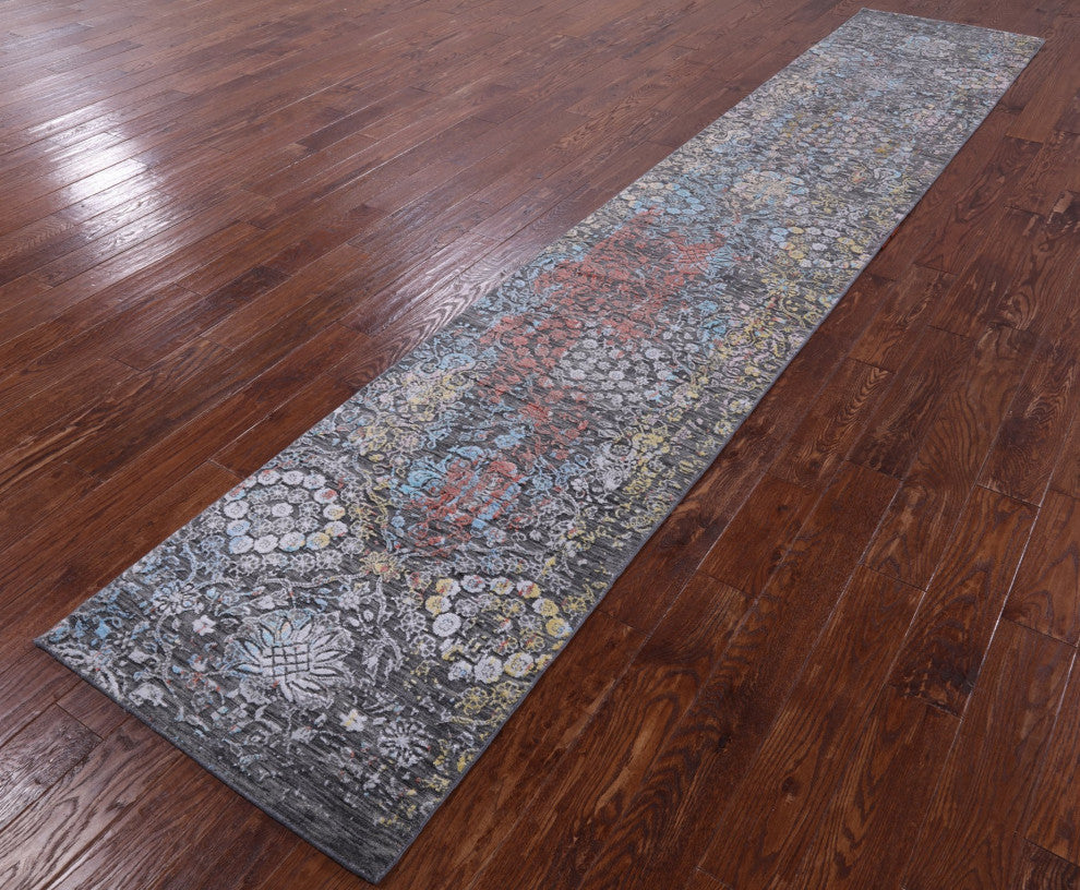 2' 7" X 14' 0" Runner Modern Handmade Wool and Silk Rug Q9267