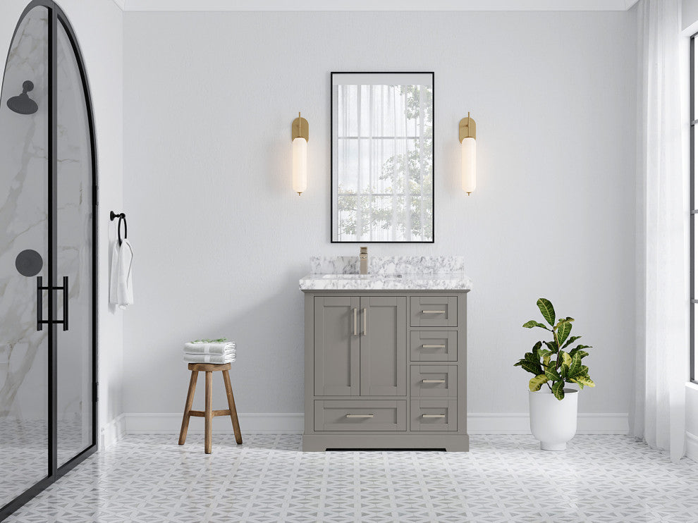 Boston 36 Left Offset Bath Vanity in Elephant Skin Gray 2" Carrara Marble
