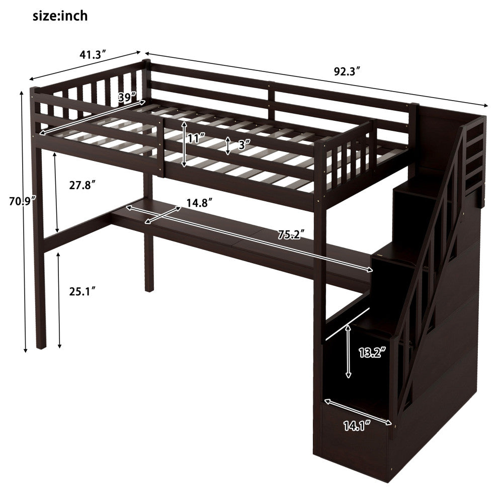 Gewnee Twin Size Loft Bed with Staircase and Built-in Desk in Espresso